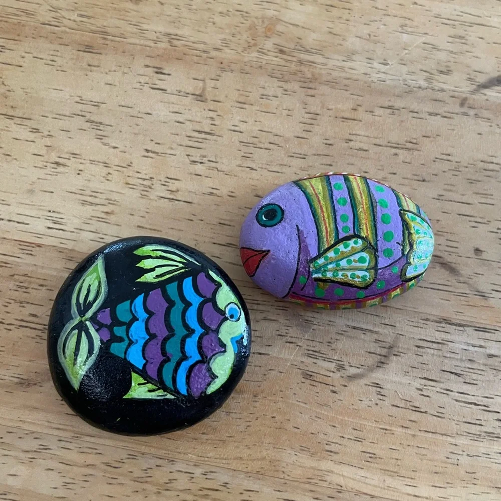 Hand crafted painted fish rocks set of 2 blue purple black yellow dots 2x2 inch